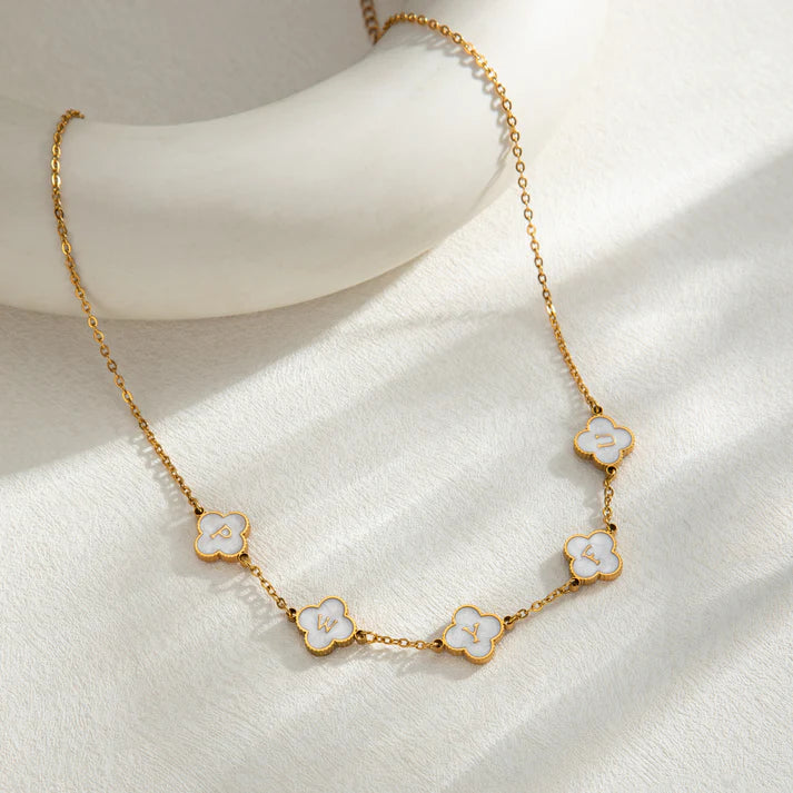 Custom Mother of Pearl Clover Letter Necklaces and necklace sets