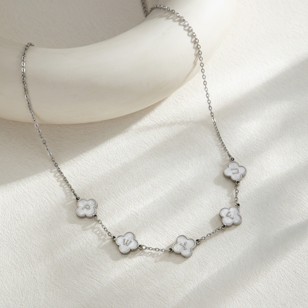 Custom Mother of Pearl Clover Letter Necklaces and necklace sets