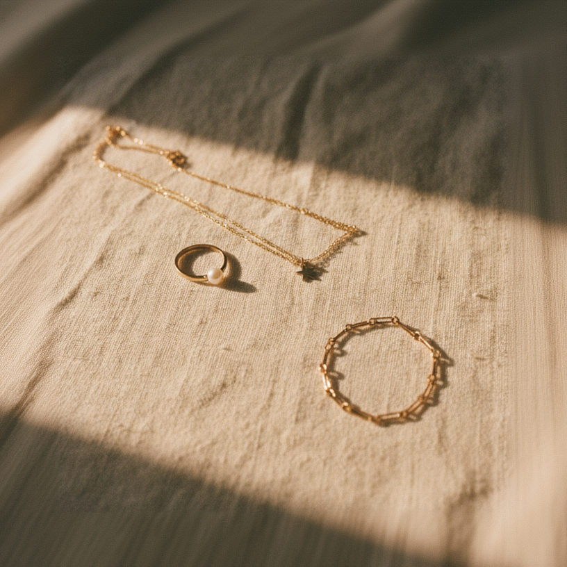 Flat lay sieraden op linnen